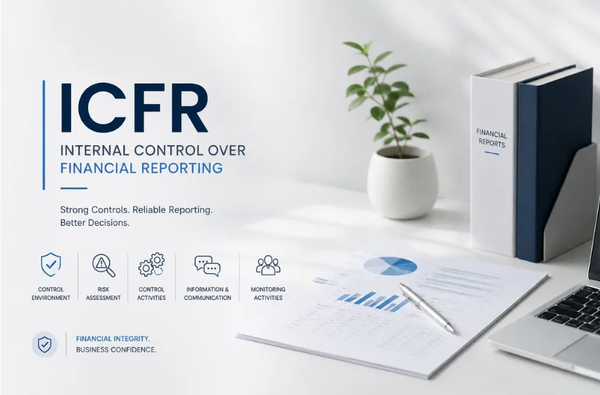 Minimalist ICFR banner featuring financial reports, laptop, office books, and the five key internal control components.