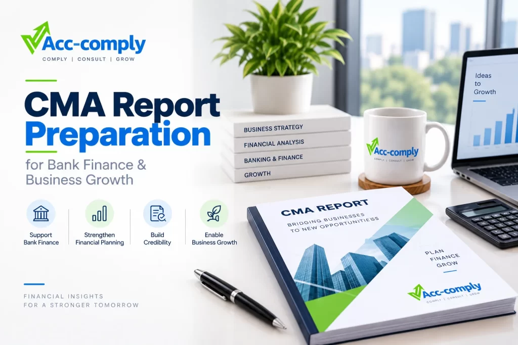 CMA report preparation banner showing bank finance, financial planning, credibility, and business growth concepts.