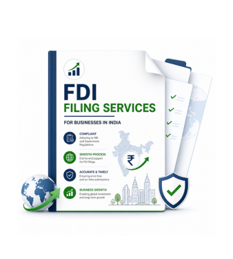 Illustration of FDI filing services for businesses in India, featuring compliance documents, an India map, rupee symbol, global investment, business growth and regulatory approval icons.