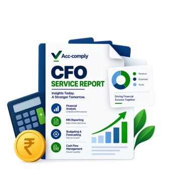 V Acc-comply CFO Service Report illustration featuring financial analysis, MIS reporting, budgeting, forecasting, cash flow management and business growth insights.