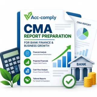 CMA report preparation illustration showing financial analysis, projected financials, cash flow analysis, bank finance, and business growth.