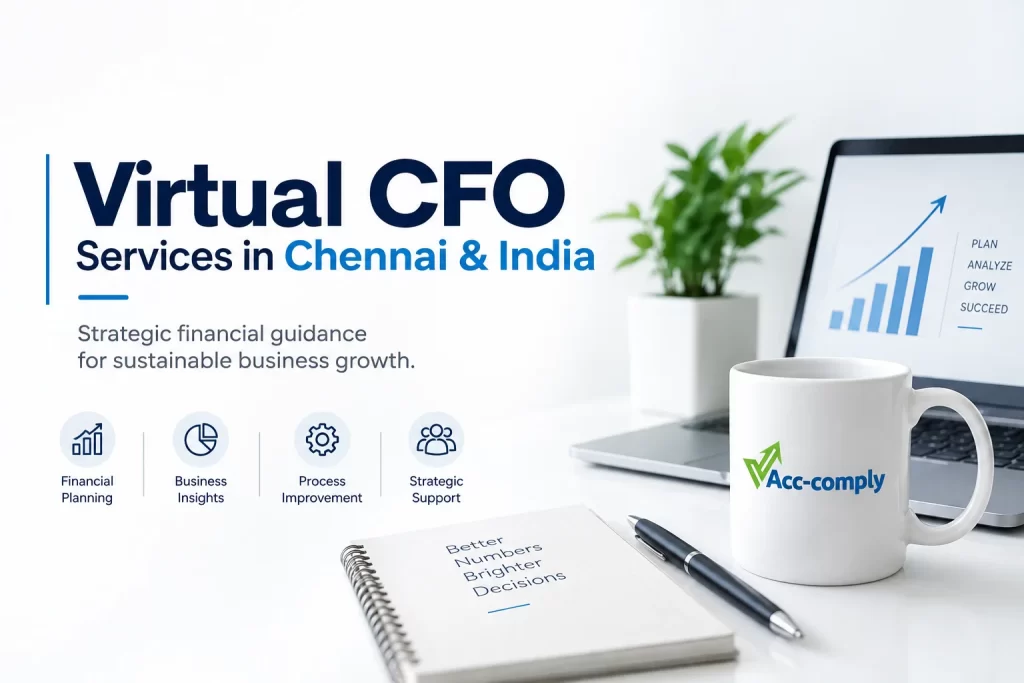 Virtual CFO Services in Chennai and India with V Acc-comply branded coffee mug and professional financial workspace