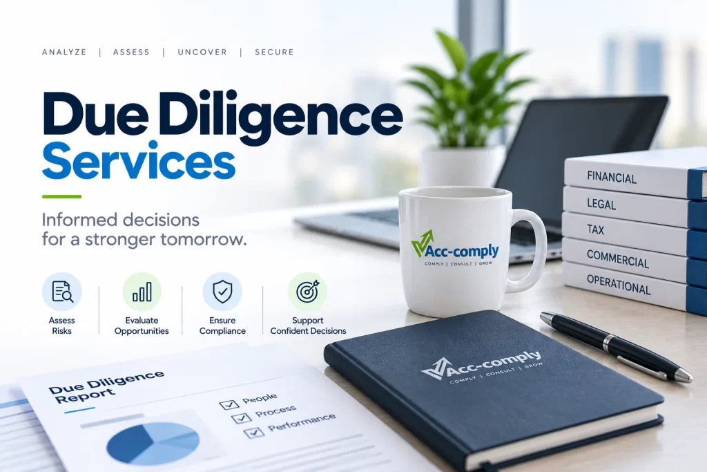 Due diligence services banner featuring financial, legal, tax, commercial, and operational assessment materials with Acc-Comply branding.