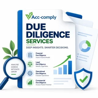 Due diligence services document featuring financial, legal, operational, and commercial due diligence with risk assessment and compliance visuals.