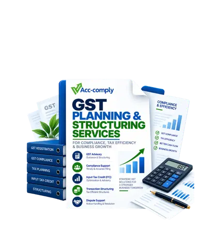 GST planning illustration with a calculator, tax documents and compliance reports
