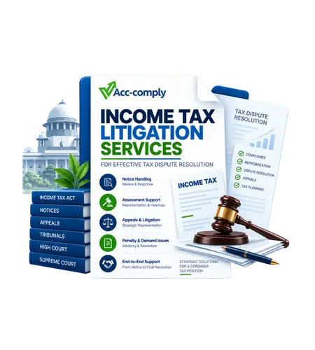 Income tax litigation illustration with tax notices, legal books and a judge's gavel