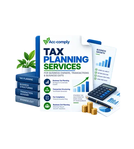 Tax planning illustration with financial charts, a calculator and business transaction documents
