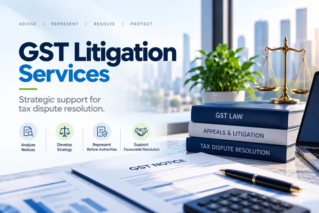GST litigation banner with GST law books, scales of justice and tax notice documents