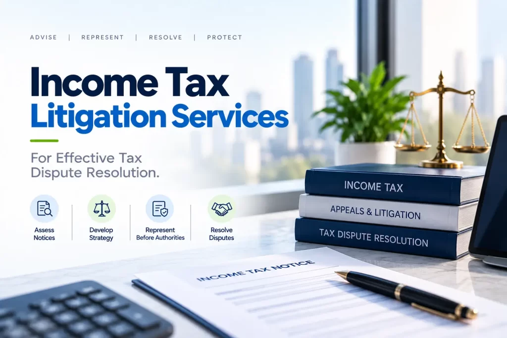 Income tax litigation illustration featuring tax notices, legal books and a judge's gavel