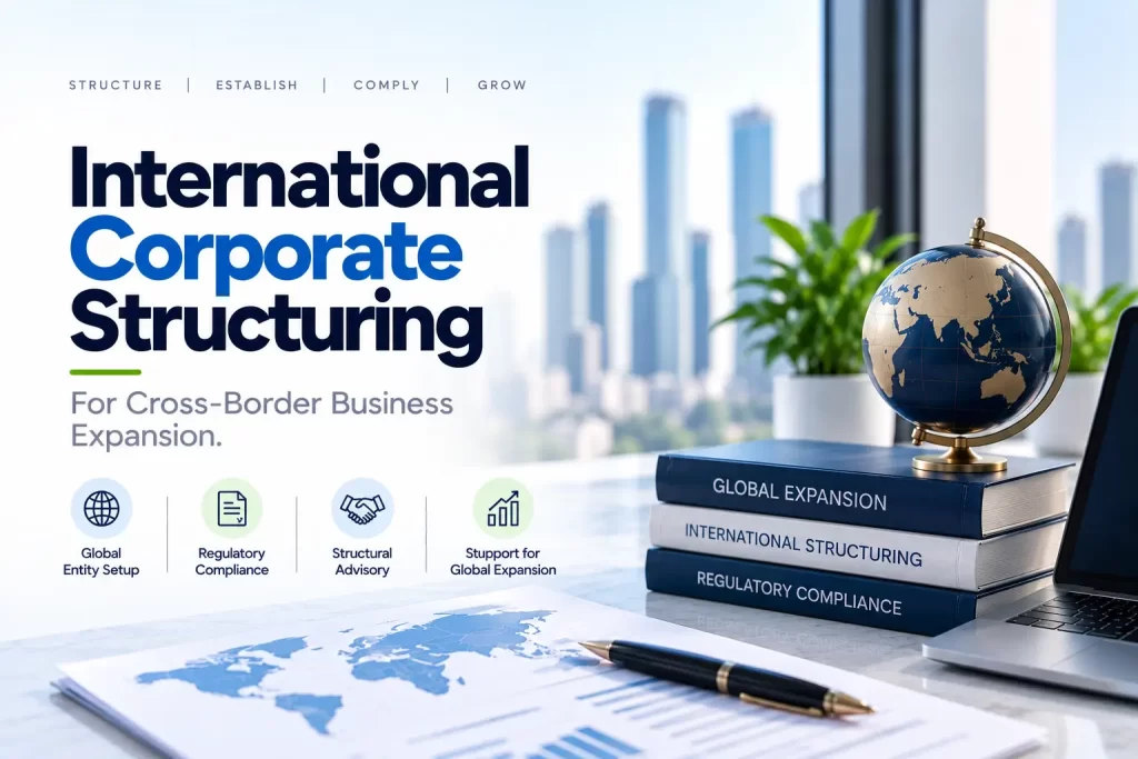 International corporate structuring banner featuring a globe and global business documents