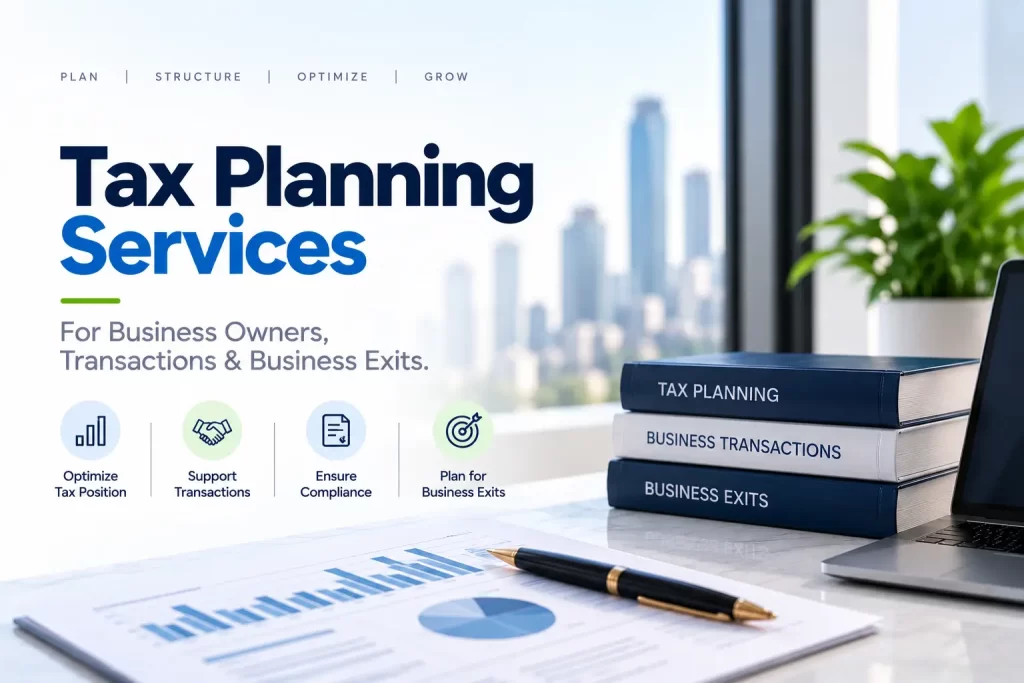 Tax planning banner featuring financial charts, tax planning books and a calculator